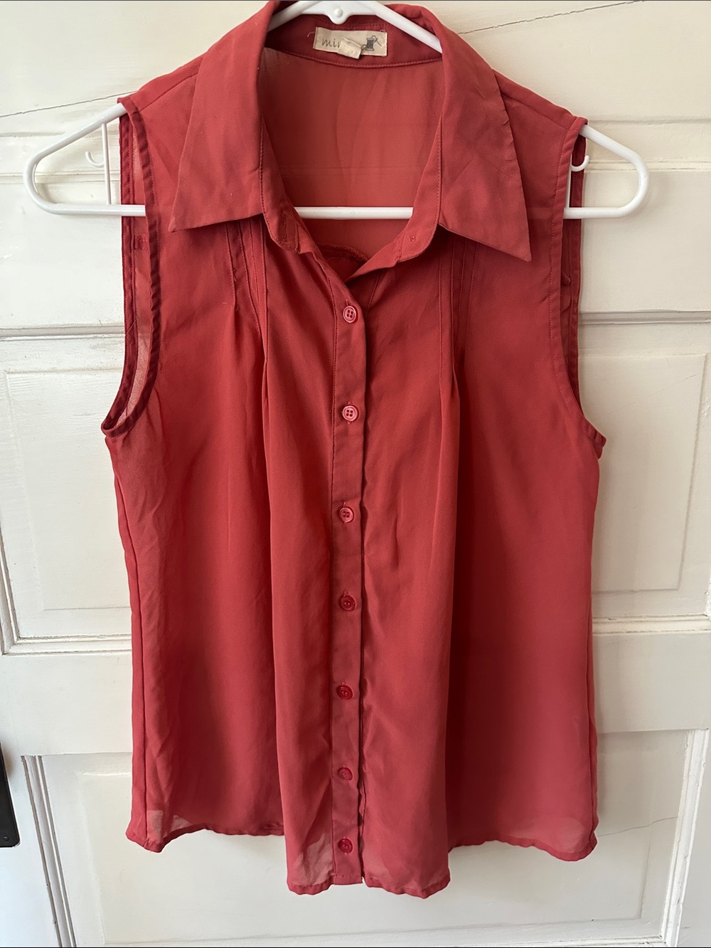 Pink Blush Sleeveless Soft Drape Pleated Button Front Sheer Collared Blouse